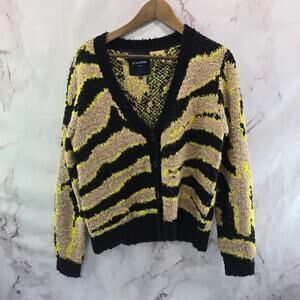 Le Superbe Cardigan Womens XS Black Neon Tiger Zebra Sweater Crop Boxy Wool